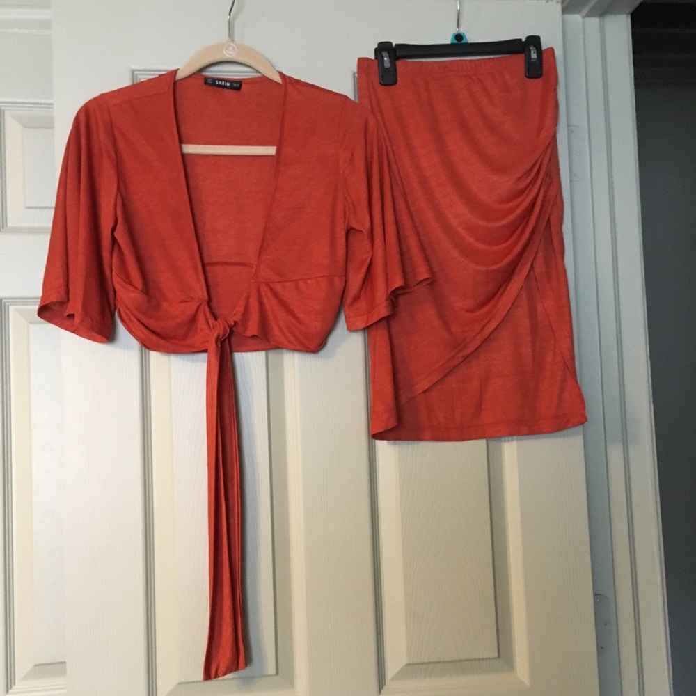 Shein Orange tie front shirt and slit skirt set - Picture 2 of 3